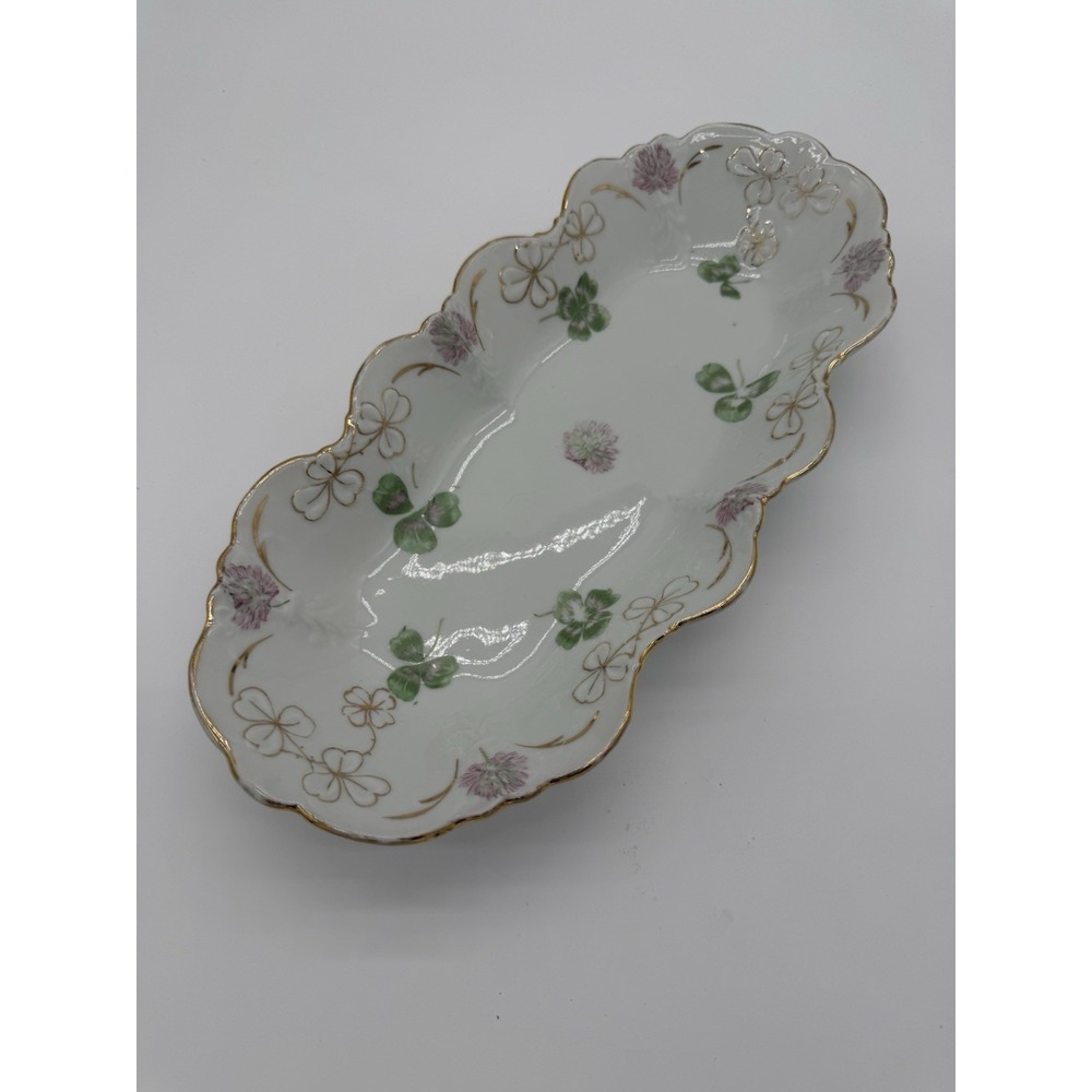 Vintage Porcelain Clover And Pink Flowers Gold Trim Oblong Dish Made In Germany
